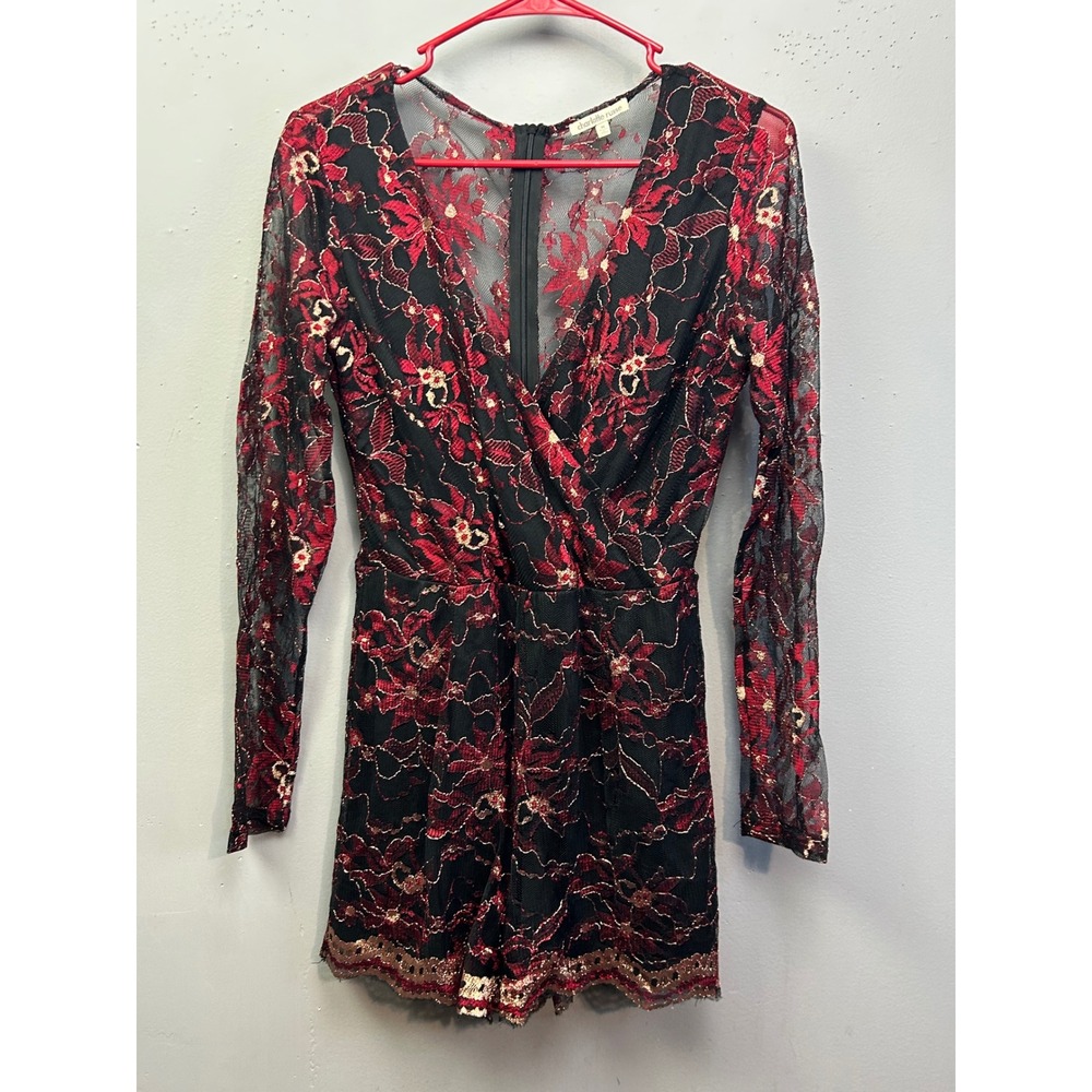 Charlotte Russe Romper Womens Medium Red Black Floral Lace Metallic Long Sleeve